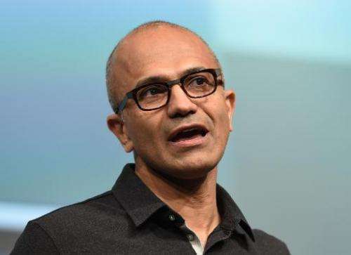 Satya Nadella, Microsoft CEO, speaks at the launch of the new Microsoft Surface Pro 3 tablet computer May 20, 2014 in New York
