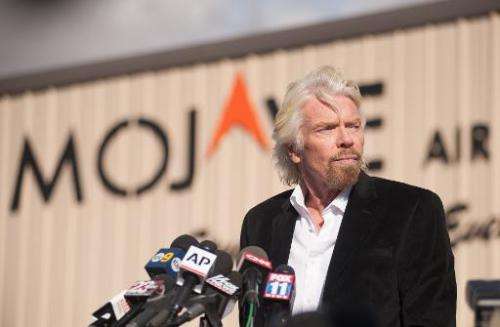 Virgin founder Richard Branson speaks at a press conference at the Mojave Air and Space Port in Mojave, California on November 1