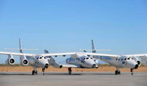 A file picture shows the WhiteKnightTwo, which carries Richard Branson's SpaceShipTwo into high altitude, prior to a flight at S