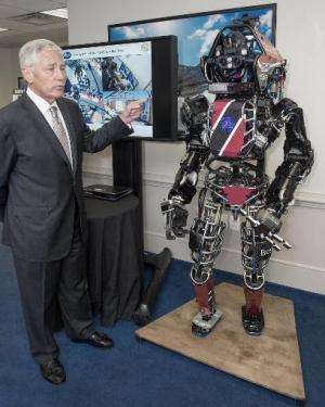 US Secretary of Defense Chuck Hagel is shown the Atlas robot at the Pentagon on April 22, 2014