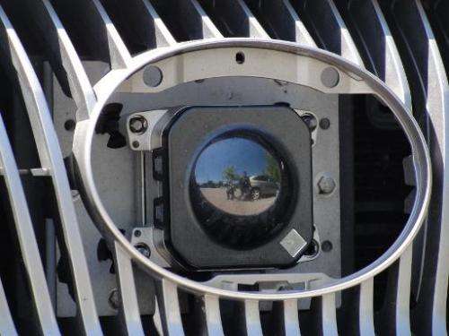 A camera in the front grill of Google's self-driving car in Mountain View, California, on May 13, 2014