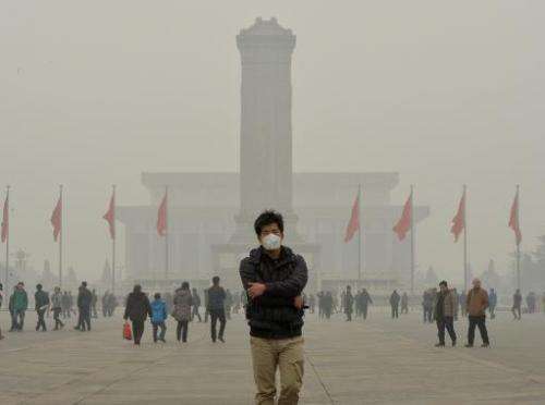 A Chinese tourist wears a face mask in Tiananmen Square as heavy air pollution continues to shroud Beijing on February 26, 2014