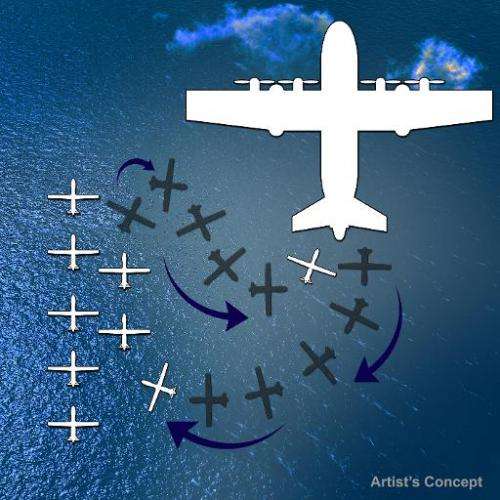 A Defense Advanced Research Projects Agency artist's conception illustrates how a large cargo plane might be able to release dro