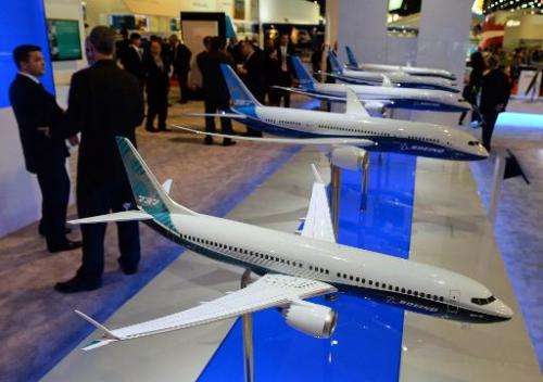 A display of Boeing 737 model planes are exhibited at the Singapore Airshow on February 11, 2014