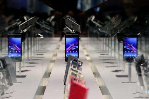 A display of smartphones is seen in Las Vegas, Nevada, on January 7, 2014