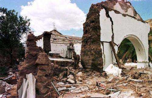 A donkey walks among the ruins of a church in the small Honduran town of Morolica, near the border with Nicaragua, in March 1999