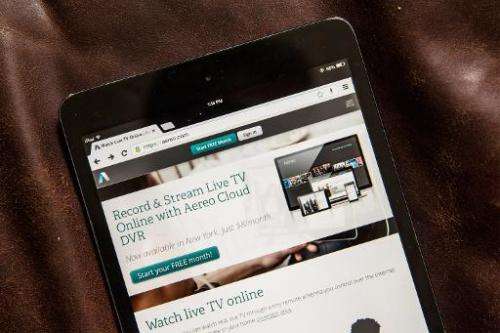 Aereo.com, a web service that provides television shows online, is shown on an iPad Mini, on April 22, 2014 in New York City