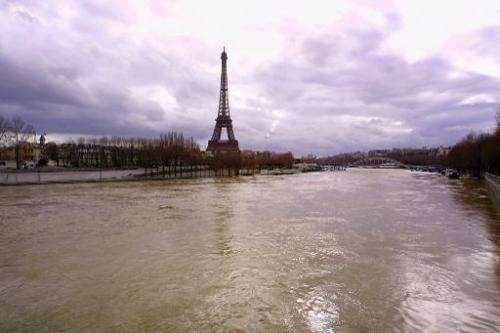 A file photo taken on on March 23, 2001 shows the flooded banks of the river Seine in Paris
