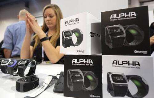 Alpha pulse heart beat measuring watches by MIO shown during the 2014 International CES at the Las Vegas Convention Center on Ja
