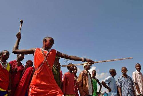 A Maasai competitor takes part in the &quot;rungu&quot; or Maasai club throwing event during the annual 'Maasai Olympics' in the
