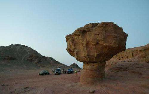 A mushroom-shaped sandstone rock carved by natural forces of wind and water is seen in the Timna valley in the southern Arava re
