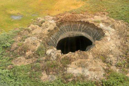 A mysterious crater in the permafrost north of regional capital Salekhard in the Yamalo-Nenets region, 2,000 km from Moscow, on 