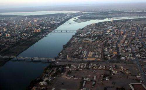 An aerial view shows the Nile river cutting through the Sudanese capital Khartoum on January 13, 2011