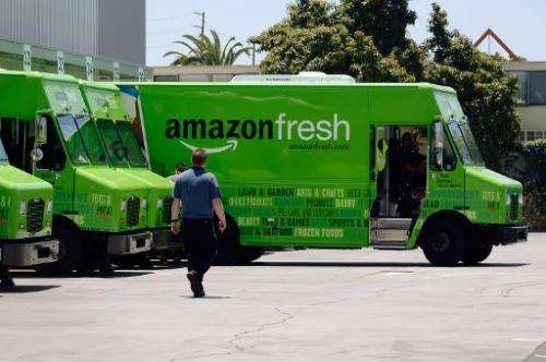 An Amazon Fresh truck arrives at a warehouse in Inglewood, California, on June 27, 2013