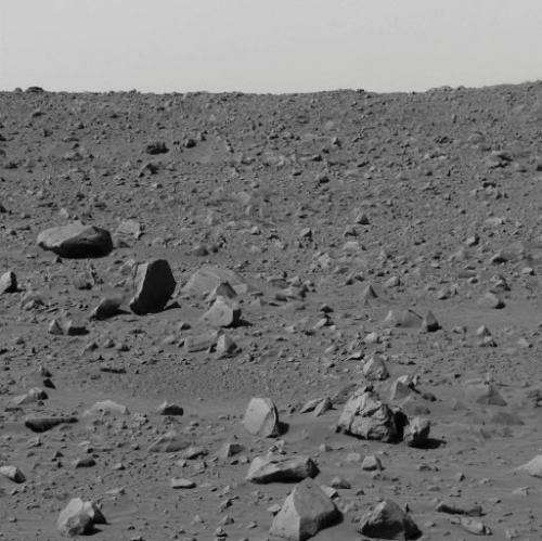 An image captured by the Mars rover &quot;Spirit&quot; and released by NASA on March 6, 2004 shows a view of the rocky terrain o