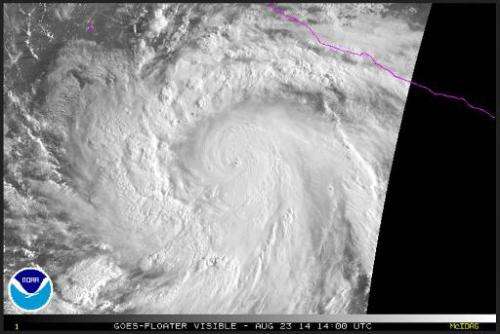 An image taken from National Oceanic and Atmospheric Administration (NOAA) shows Hurricane Marie on August 23, 2014