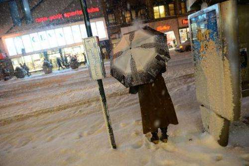 A pedestrian battles snow in New York, January 21, 2014