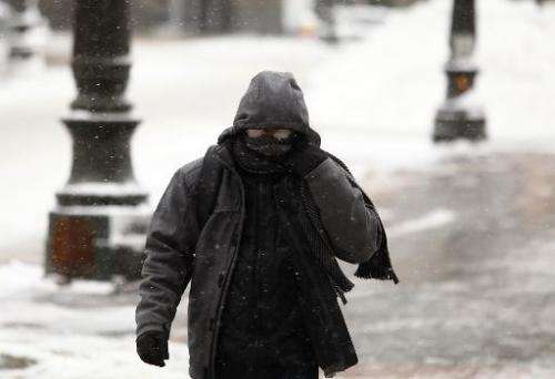 A pedestrian walks along Woodward Avenue in the cold as the area deals with record breaking freezing weather January 6, 2014 in 