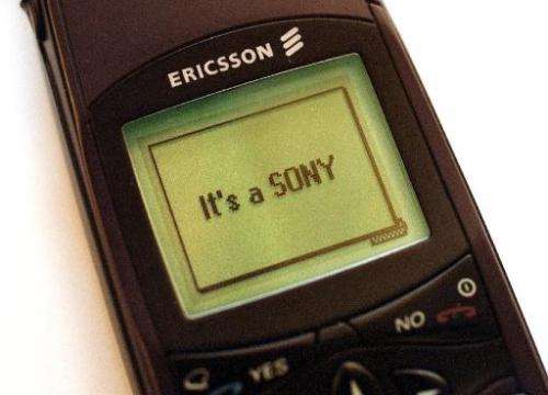 A photo of an Ericsson mobile telephone sporting the slogan of Japan's Sony Corporation, 19 April 2001 in Stockholm. Japan's Son