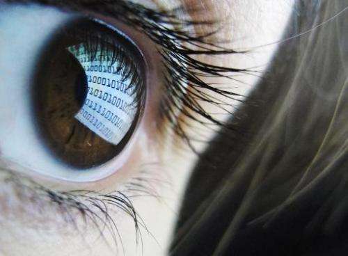 A pictures shows binary code reflected from a computer screen in a woman's eye on October 22, 2012