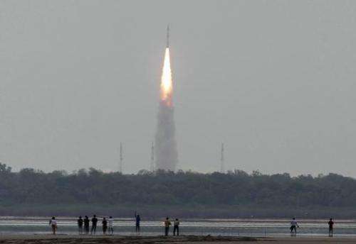 A Polar Satellite Launch Vehicle (PSLV) is launched from the Satish Dhawan Space Centre (SDSC) in the town of Sriharikota, easte