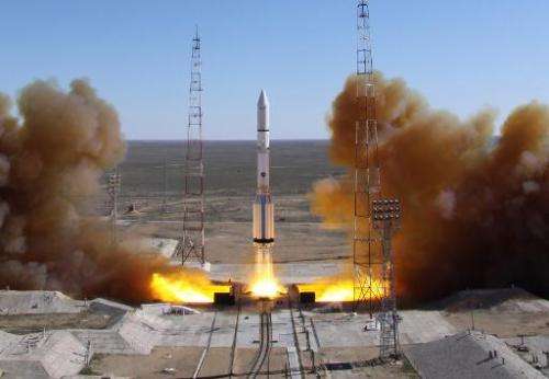 A Russian-built Proton rocket with Russian relay satellite Luch-5V and the Kazakh communication satellite KazSat-3 aboard blasts