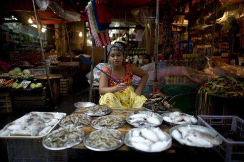 A sea-food vendor waits for customers at a wet market in Manila, the Philippines, on August 28, 2014