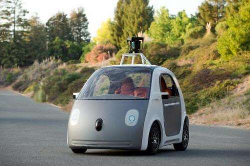 A self-driving two-seat prototype vehicle conceived and designed by Google, which provided this image on May 28, 2014