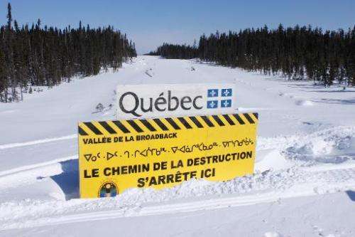 A sign erected in 2010 in the middle of a road in Canada's Broadback Valley by trappers from the James Bay Cree Indian nation an