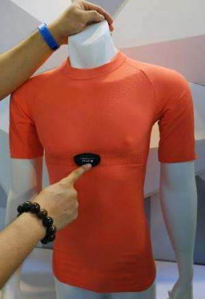 A smart T-shirt designed by the Taiwan Textile Research Institute is displayed at the Computex tech show in Taipei on June 4, 20