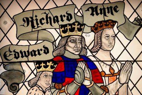A stained glass window depicting King Richard III and his wife and son is displayed in the new visitor's centre on the site wher