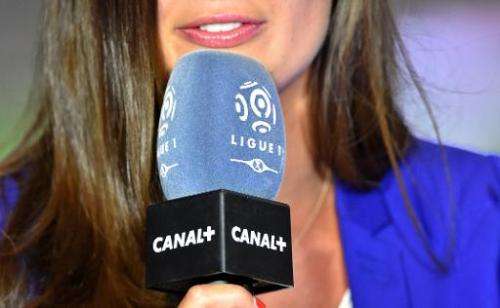 A TV presenter holds a Canal+ channel's microphone on August 8, 2014 in Reims
