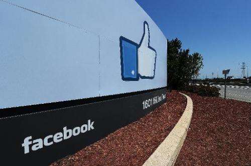 A view of the entrance to the Facebook main campus in Menlo Park, California on May 15, 2012