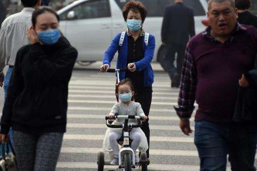 A woman and child wear masks on a polluted day in Beijing on October 20, 2014