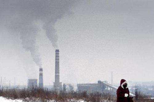 A woman walks as smoke rises from the stacks of a thermal power station in Pernik, Bulgaria, on January 28, 2014
