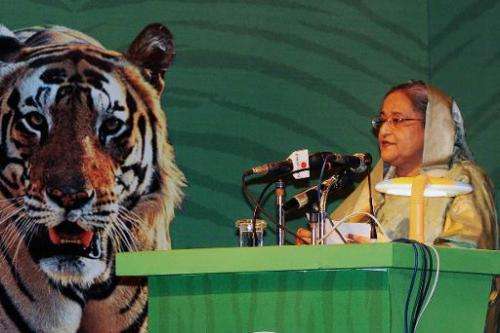 Bangladesh Prime Minister Sheikh Hasina addresses the Global Tiger Recovery Programme (GTRP) in Dhaka, on September 14, 2014
