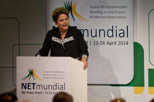 Brazilian President Dilma Rousseff delivers a speech during the opening ceremony of the &quot;NETmundial  Global Multistakehold