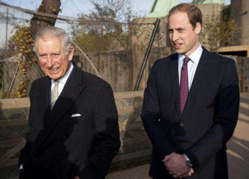 Britain's Prince Charles, Prince of Wales (L), and his son Prince William, Duke of Cambridge, visit the Zoological Society of Lo