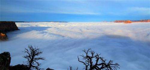 Clouds fill Grand Canyon in rare weather event