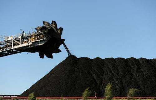Coal is stockpiled at the coal port of Newcastle in Australia's New South Wales state on April 25, 2012