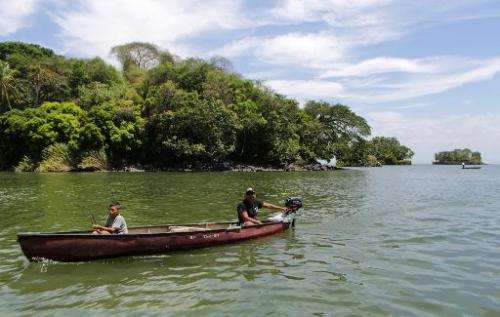 Fishermen are seen around the islets on Lake Nicaragua, also known as the Cocibolca on April 24, 2014