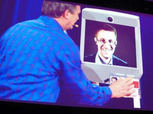 Former NSA contractor Edward Snowden appears by remote-controlled robot at a TED conference in Vancouver on March 18, 2014
