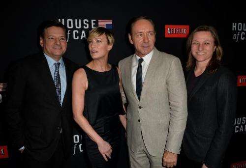 (From L) Netflix chief content officer Ted Sarandos, actress Robin Wright, executive producer/actor Kevin Spacey and Netflix Vic