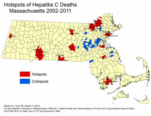 Geospatial study identifies hotspots in deaths from HIV/AIDS and Hepatitis C in Massachusetts