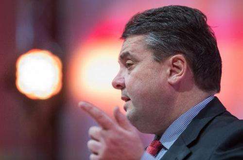 German Economy and Energy Minister Sigmar Gabriel speaks at a symposium of German business paper &quot;Handelsblatt&quot; in Ber