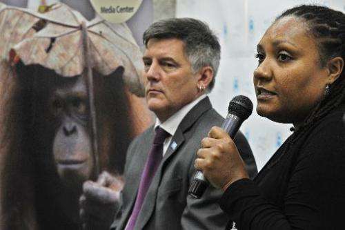 Helga Rainer (right), conservation director of the Great Apes programme at the Arcus Foundation, takes part in a press conferenc