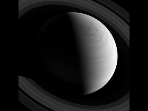 Image: Saturn's rings and hexagonal polar storm