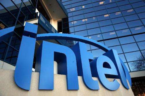 Intel logo is seen outside of the California-based chip maker's headquarters, in Santa Clara, on January 16, 2014