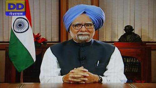 In this screengrab taken from Indian state television station Doordarshan on May 17, 2014, Indian Prime Minister Manmohan Singh 