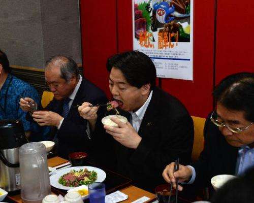 Japanese Agriculture Minister Yoshimasa Hayashi (2nd R) eats whale meat with Japanese lawmakers at his ministry in Tokyo on June